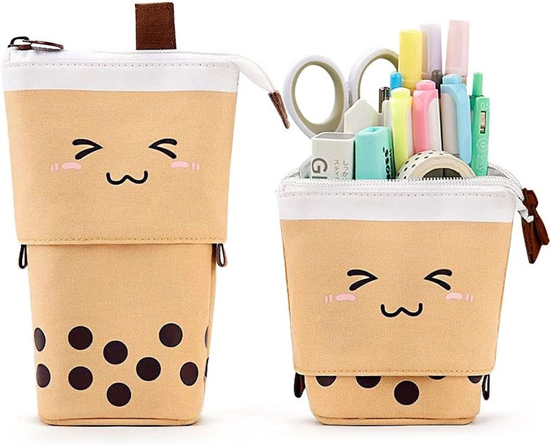 KPX Cute Standing Pencil Case Pen Holder for Kids, Pop Up Stand UP Bubble Tea Pen Organizer Kawaii Stationary for Christmas Holiday New Year Office (Brown) - Image 1